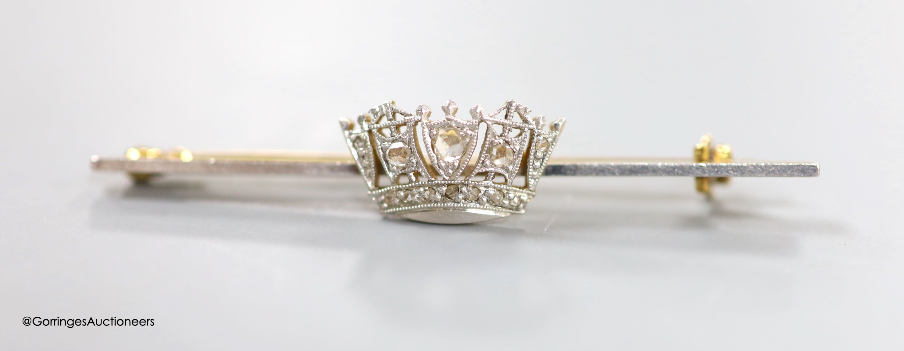 A 15ct yellow and white gold and diamond Royal Naval sweetheart brooch, 49mm, gross 3.5 grams.